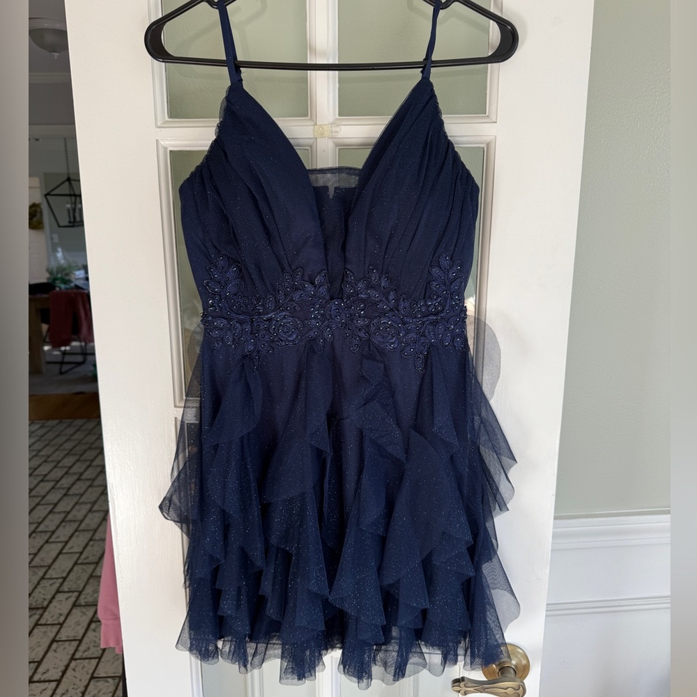 Elegant Navy Blue Ruffled Dress sz 3/4 or Small